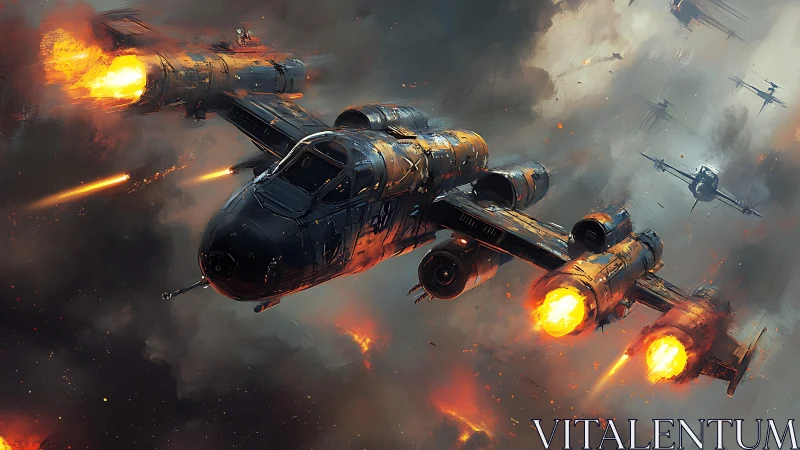 Futuristic gunship squadron in burning storm-lit combat.