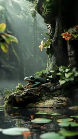 Ray-traced frog habitat on mossy rock ledge above reflective pond