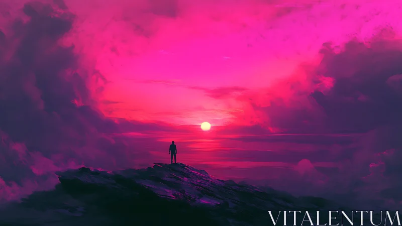 Lone silhouette greeting a neon magenta dream-sunset horizon.
