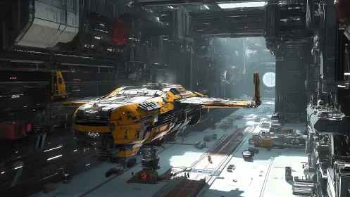 Industrial carrier starship departs vast orbital hangar bay.