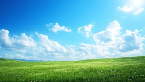 Vibrant spring meadow under expansive cumulus sky panorama.