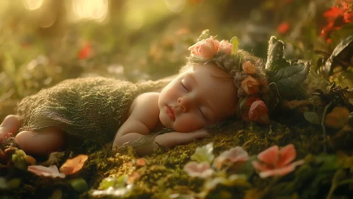 Sleeping baby lies on moss in soft golden forest light