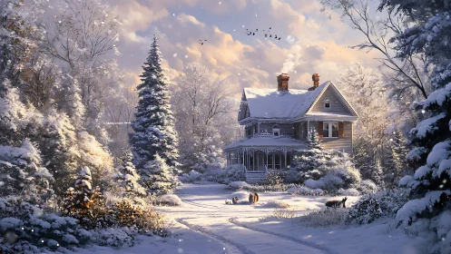 Winter hush around a storybook farmhouse in soft morning light.