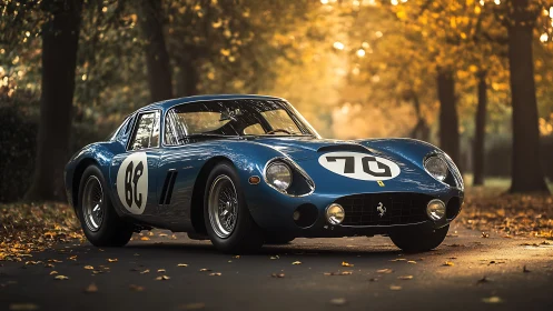 Autumn-lit blue racing classic basking in golden-tree glow.