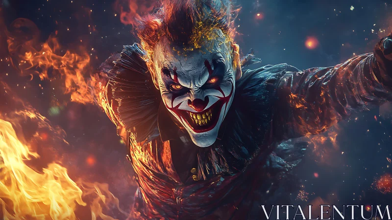 Fiery demonic clown lunges through blazing darkness in rage.