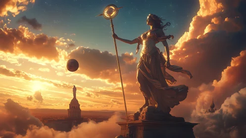 Skyward goddess of dawn guards a drifting celestial city.