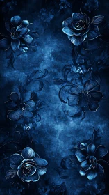 Luminescent floral arrangement rendered with metallic highlights in deep blue palette