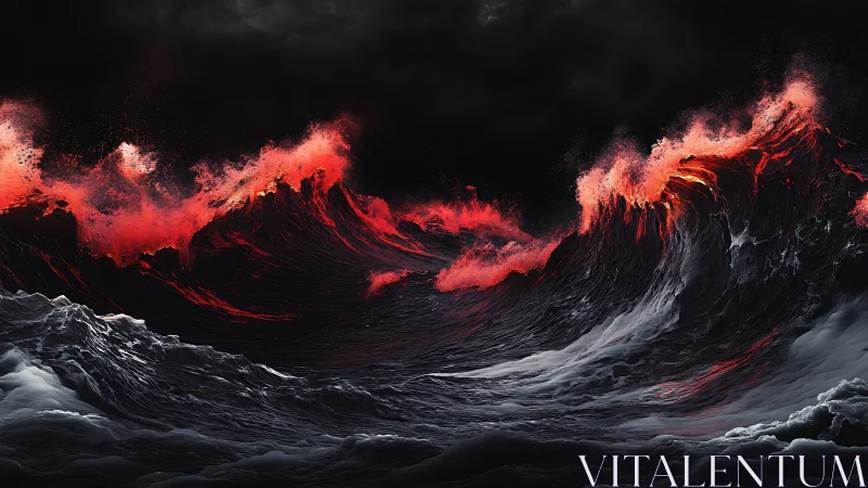 Volcanic red energy streaks through hyper-detailed storm waves