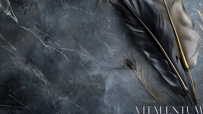 Black and gold feathers rest on dark textured stone. Period.