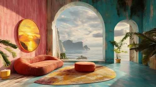 Interior lounge with sea view through large arched openings.