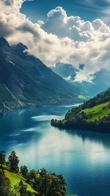 Steep alpine fjord valley with reflective water and volumetric clouds