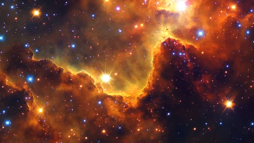 Ionized nebular gas boundary with dense dust clouds and young stars