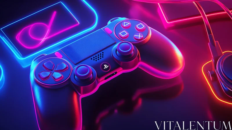 Neon-lit gaming controller glows beside headset and screens.