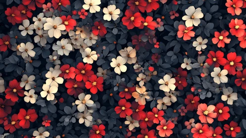 Dense floral arrangement with red, cream, and dark foliage layered throughout composition
