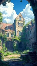 Sunlit ivy-clad stone courtyard under volumetric cumulus sky.