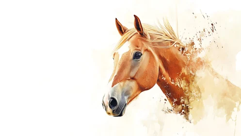 Chestnut horse portrait dissolving into watercolor splashes.