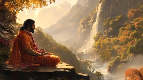 Seated robed figure in profile observes misted river valley