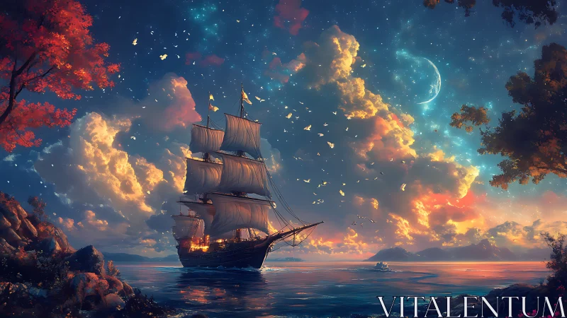 Digital painting seascape with luminous clouds and tall ship.