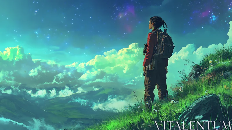 Stargazing hiker pausing on a glowing emerald hillside at dusk.