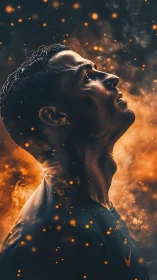 Side-lit athlete gazes upward through glowing ember haze