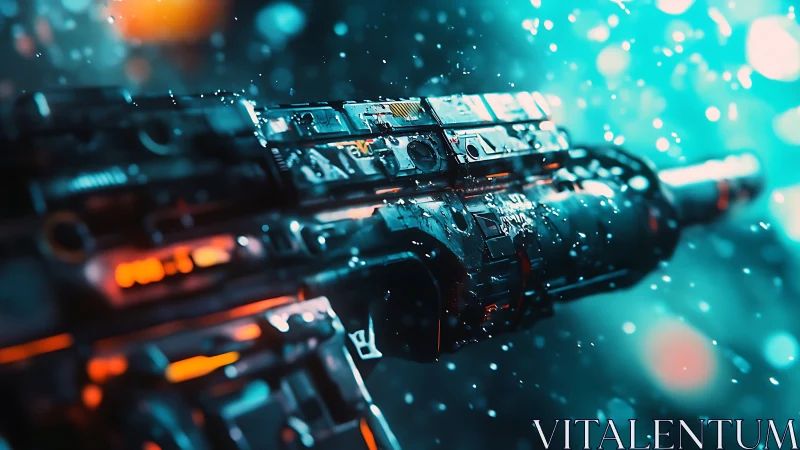 Futuristic energy cannon floats in neon lit particle storm