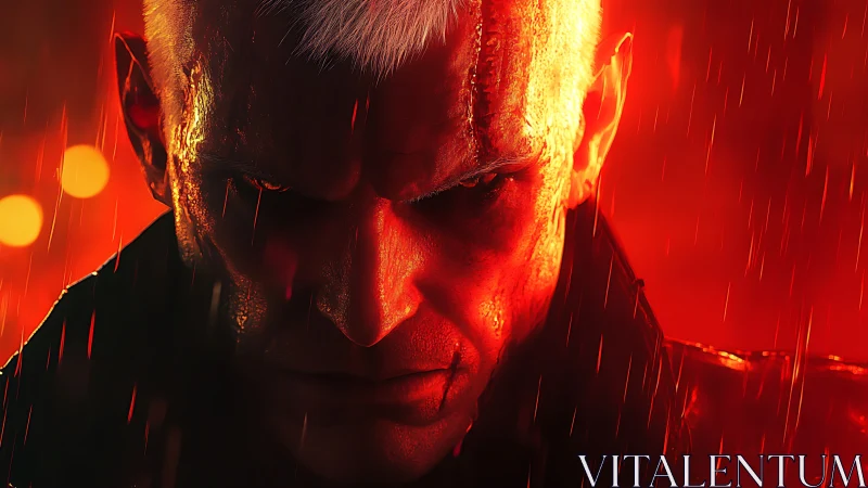 Storm-lit antihero smolders beneath neon blood rain
