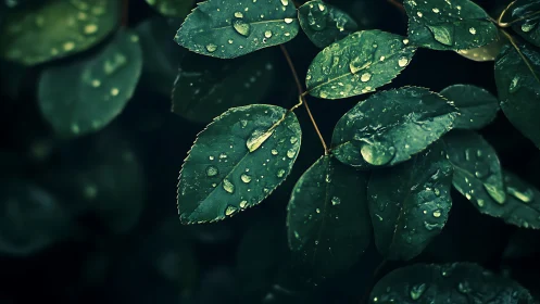 Close rain-soaked green leaves in soft natural light.