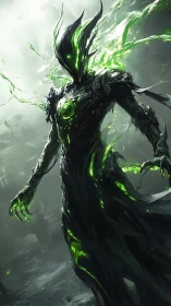 Emerald void guardian drifting through misty ruins.