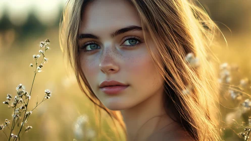 Sunlit portrait captures serene gaze in golden meadow.