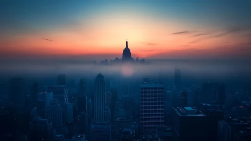 Fog covered city skyline under blue and orange sunrise.
