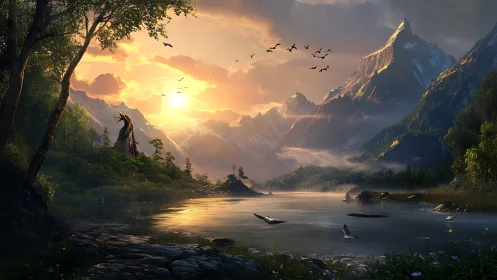 Sunlit alpine lake with soaring birds in misty mountains.