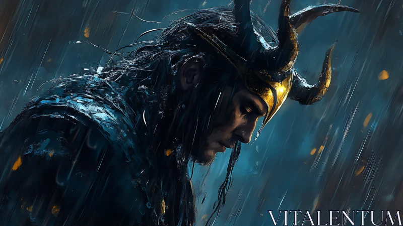 Horned warrior in rain-soaked cinematic digital portrait study.