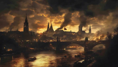 Medieval riverside city burns under dense smoky sunset sky