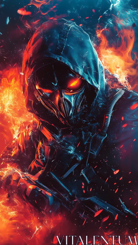 Hooded masked figure in fiery blue and orange environment.