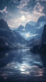 Full moon illuminates misty mountains and reflective lake