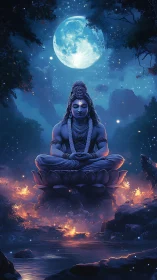 Moonlit Shiva meditation rests gently above a glowing river