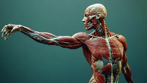 Human muscular system model extends arm in lateral profile view