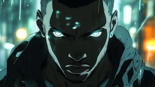 Cyberpunk vigilante glares through neon rainstorm night