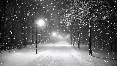 Snowy park path at night lit by distant streetlights.
