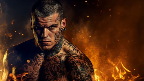 Tattooed combatant in high-contrast pyro-illuminated portrait.