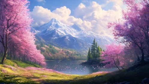 Blossom-lined mountain lake dreaming in soft spring light.