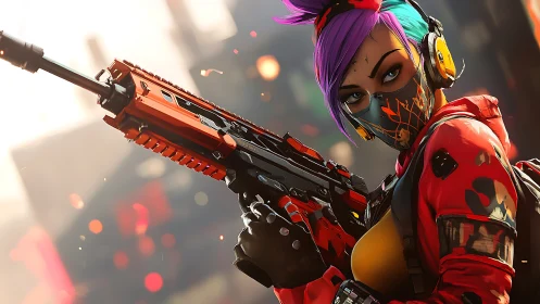 Neon rogue sniper with chromatic mask in burning cityscape.