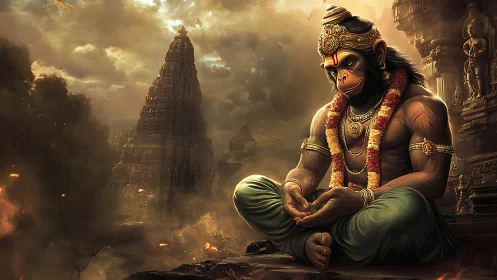 Monkey god in tranquil prayer crowns a stormy temple dusk
