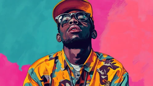 Stylized portrait of man in cap against split color background.