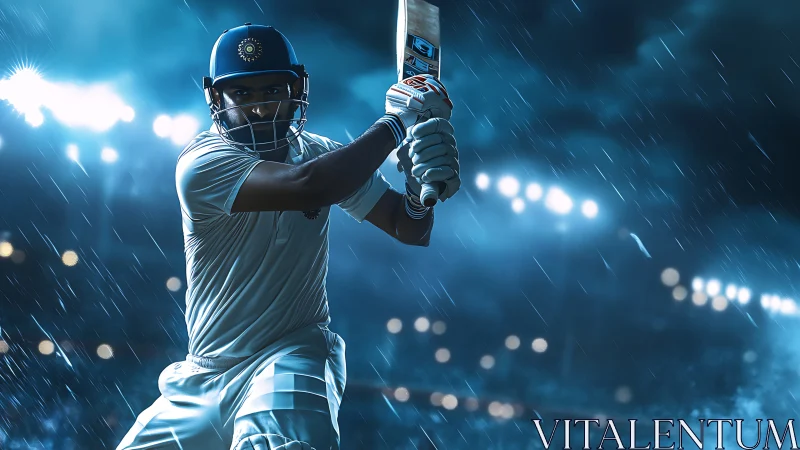 Storm-lit cricket warrior poised to strike under night rain.