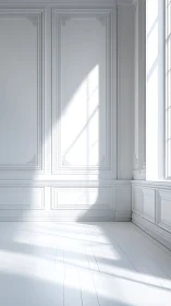 Sunlit white paneled interior with shadowed floor surface.