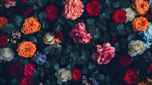 Vibrant Floral Arrangement with Roses and Greenery on Dark Background