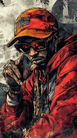 Urban street portrait of man in red hoodie and cap.