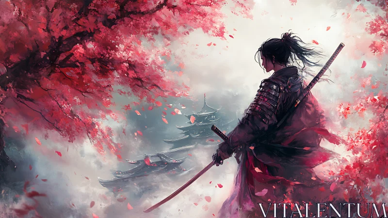 Samurai warrior under red blossoms overlooking temples.