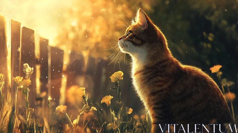 Sunlit garden pause with a curious ginger cat companion.